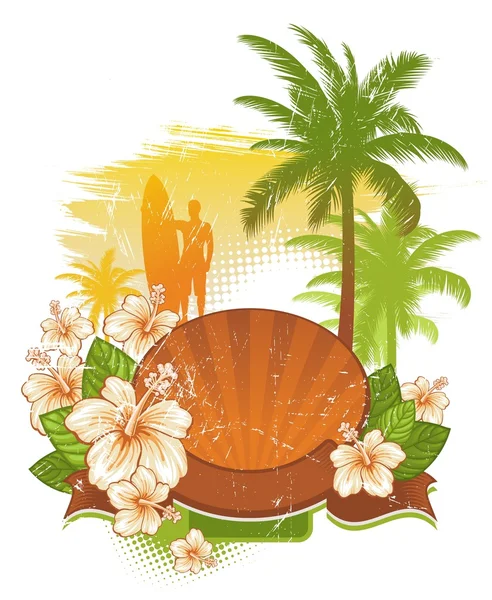Flores tropicais, palmeiras e surfista — Vetor de Stock