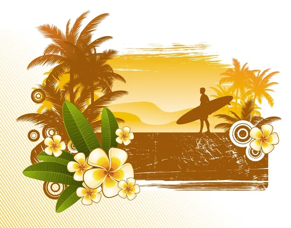 Flores de Frangipani e silhueta de surfista —  Vetores de Stock
