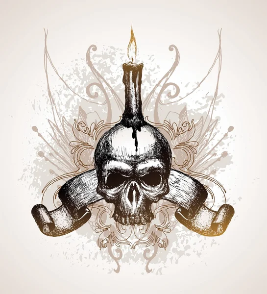 Skull, scroll and candle — Stock Vector