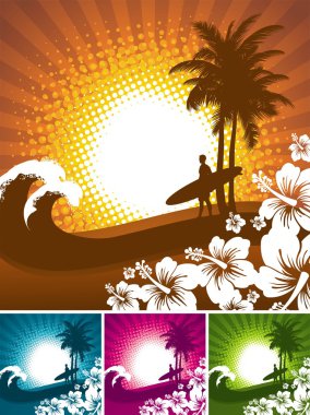 Tropical nature & surfer silhouette clipart