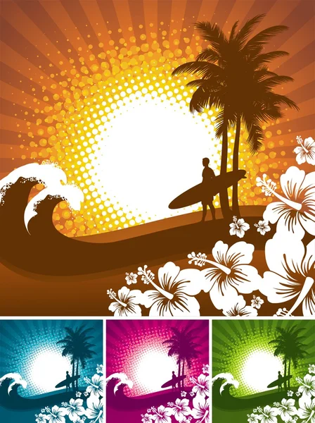 Tropische natuur & surfer silhouet — Stockvector