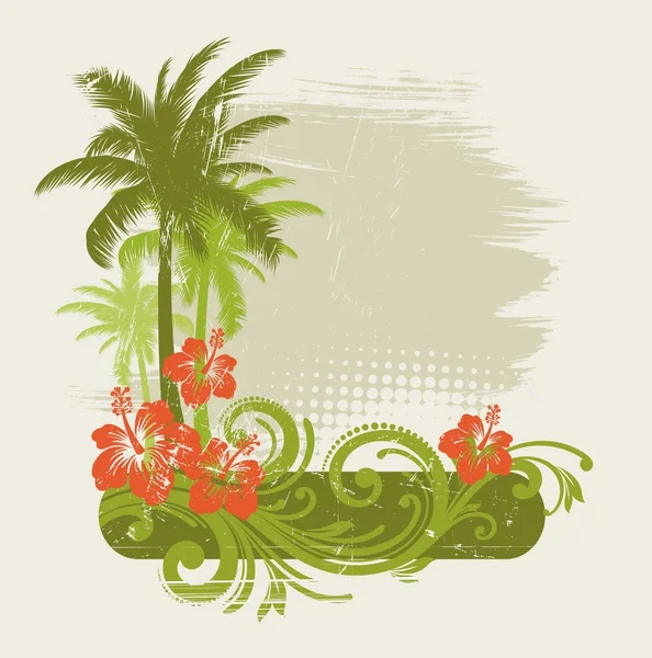Гибискус с орнаментом и пальмами — стоковый вектор