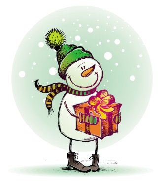 Hand drawn snowman with gift clipart