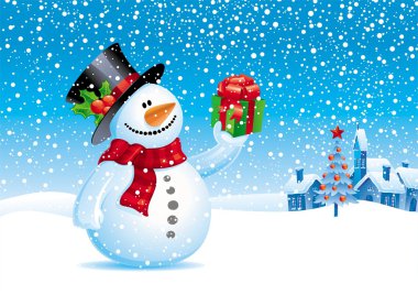 Christmas vector illustration - Snowman with gift for you clipart