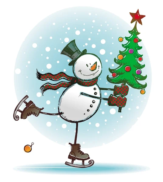 Bonhomme de neige avec arbre de Noël — Image vectorielle