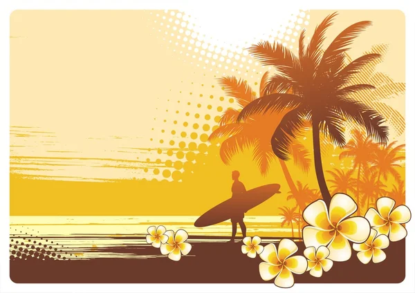 Surfeur et paysage tropical — Image vectorielle