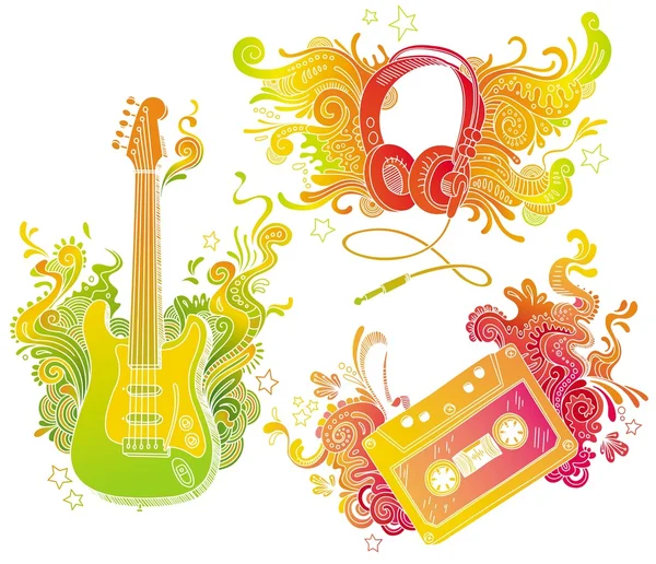 Μουσικό εξοπλισμό με doodle διακόσμηση — Διανυσματικό Αρχείο