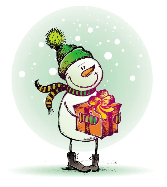 Muñeco de nieve dibujado a mano con regalo — Vector de stock