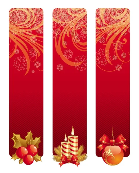 Drei rote Weihnachtsbanner mit Feiertagssymbolen — Stockvektor