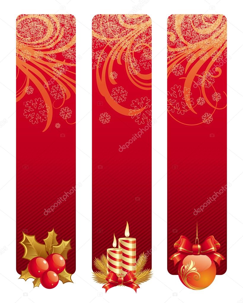 Three red Christmas banners with holiday symbols