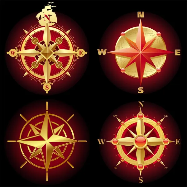Four different golden compass rose — Stock Vector