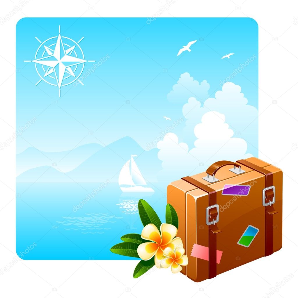 Travel suitcase & tropical flowers