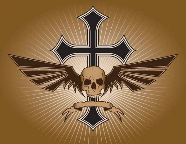 Totenkopf, Kreuz, Flügel und Band. — Stockvektor