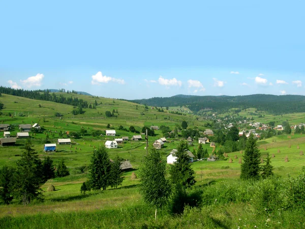 Wiese und Dorf in den Bergen — Stockfoto