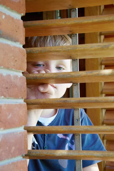 Little boy looking through the blinds Stock Photo