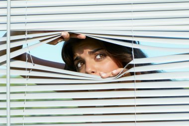 girl looking through the blinds clipart