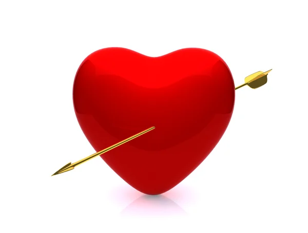 Coração vermelho perfurado pela seta de ouro — Fotografia de Stock