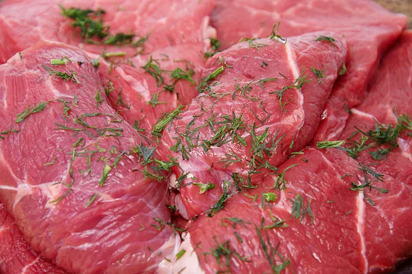 Krásné čerstvé červené maso s koprem — Stock fotografie
