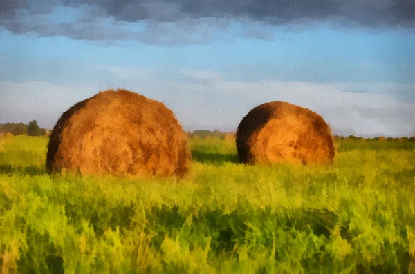 Illustratie, twee hooiberg in het veld — Stockfoto