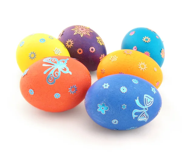 Six colour eggs with ornament on white — Stock Photo, Image