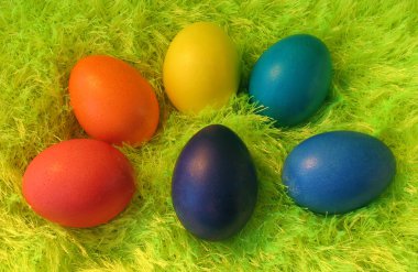 Six easter eggs on green shaggy carpet clipart