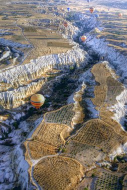 Hot air balloons above a gorgeous lands clipart