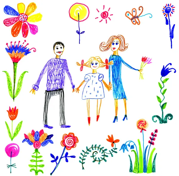 Dziecko rysować szczęśliwą rodzinę — Zdjęcie stockowe