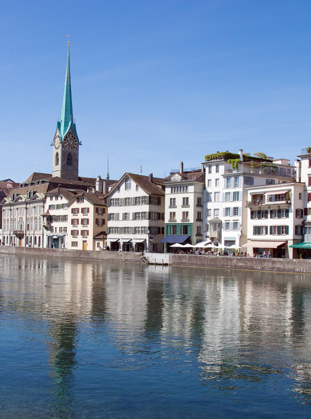 Fraumuenster cathedral on the bank of Limmat river (Zurich, Switzerland)