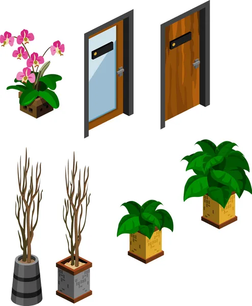 Bunga, Tanaman dan Pintu untuk Isometrik - Stok Vektor