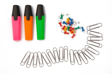 Office accessories. Markers, paper clips clipart