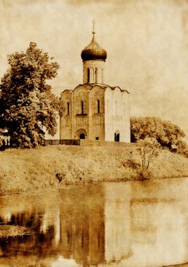 Aged picture with lake and church clipart