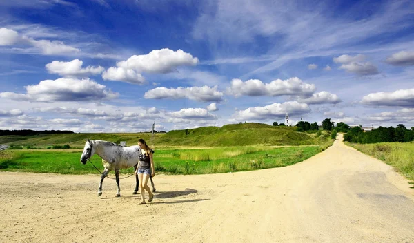Landschap met meisje en paard Stockfoto