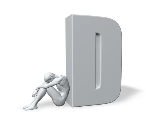Sitting man leans on uppercase letter D — Stock Photo, Image