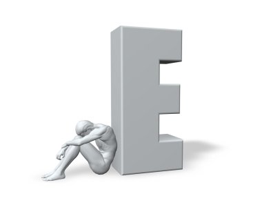 Sitting man leans on uppercase letter E clipart