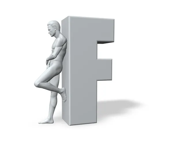 Man leans on letter f — Stock Photo, Image
