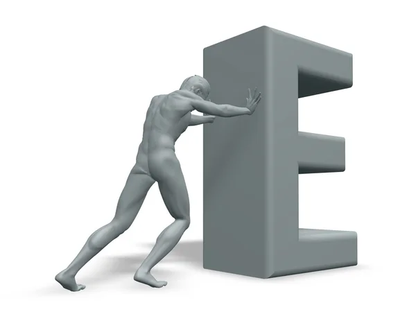 Чоловік штовхає велику літеру E — стокове фото