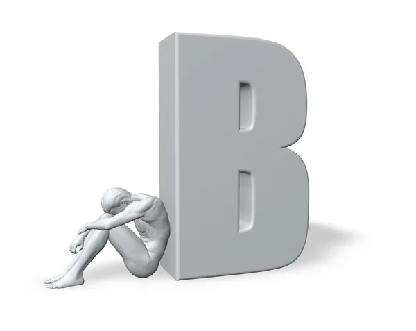 Sitting man leans on uppercase letter B — Stock Photo, Image