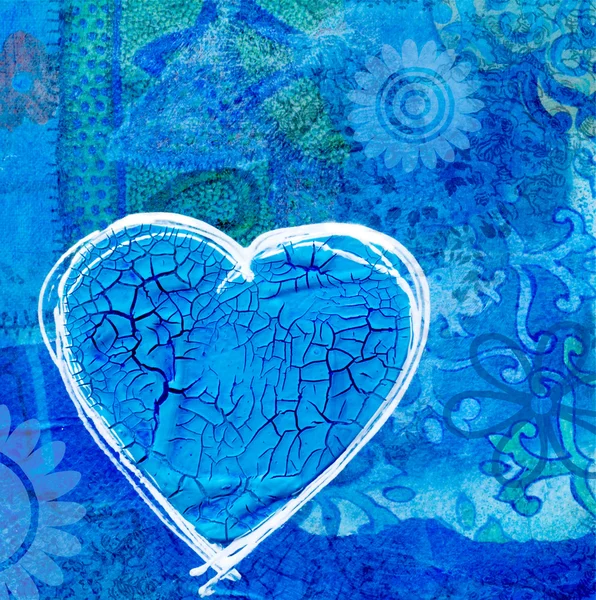 Corazón azul sobre fondo de collage — Foto de Stock