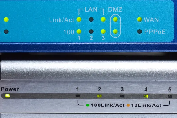 Luminous indicators of network equipment — Stock Photo, Image