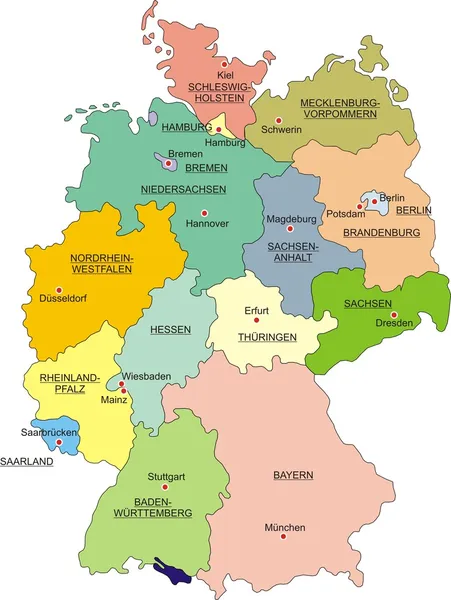 Karta Tyskland med nationella gränser — Stock vektor