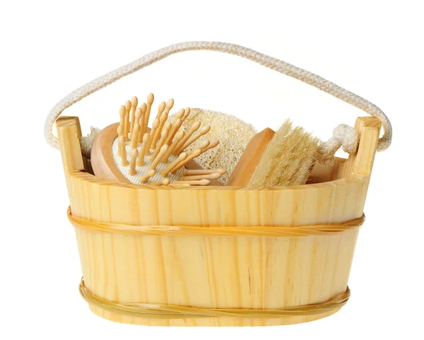 Wooden bucket of spa-type items — Stock Photo, Image