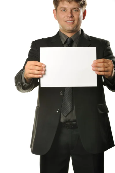 Young the man holds blank signs — Stock Photo, Image