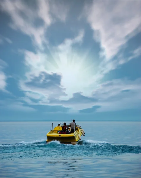 Човен в океані і захід сонця — стокове фото