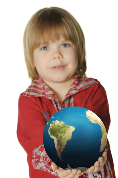 Mały chłopiec z globe — Zdjęcie stockowe