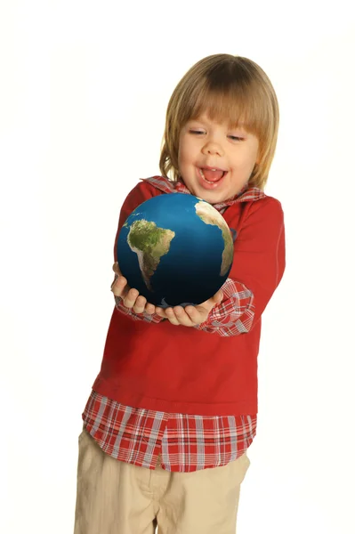 De kleine jongen met de globe — Stockfoto