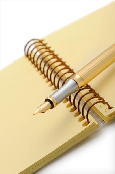 Dolma kalem üstünde sarı defter — Stok fotoğraf