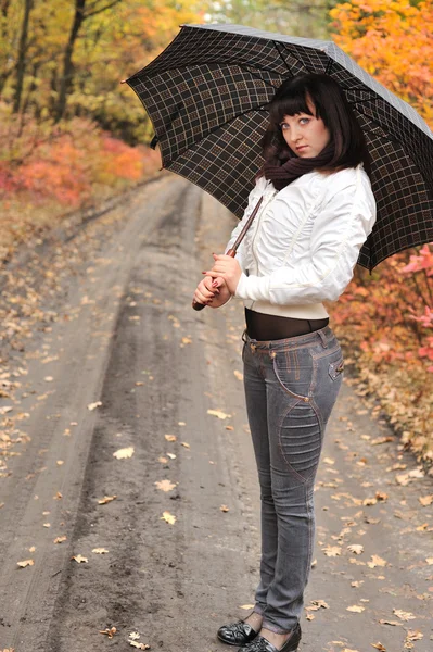 Flicka i en höst trä med ett paraply. — Stockfoto