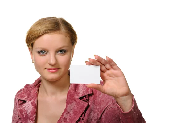 The young woman holding a business card — Stock Photo, Image