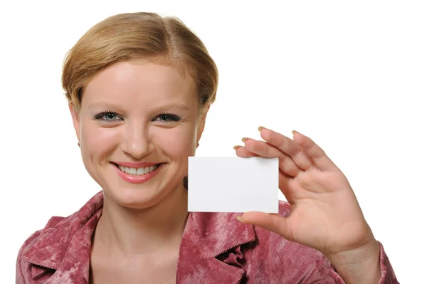 The young woman holding a business card — Stock Photo, Image