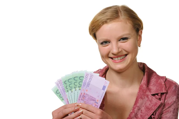 Молодая женщина держит валюту — стоковое фото